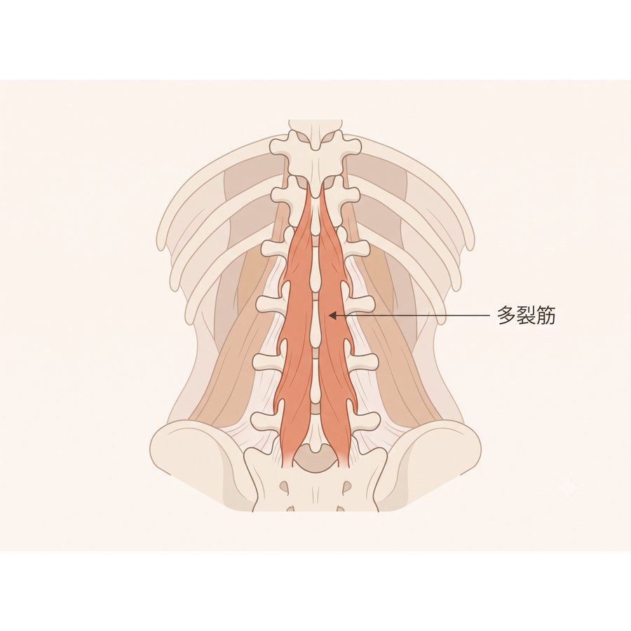 腰椎後面から見た多裂筋の解剖図：脊椎の両側に沿って走る深部の安定筋