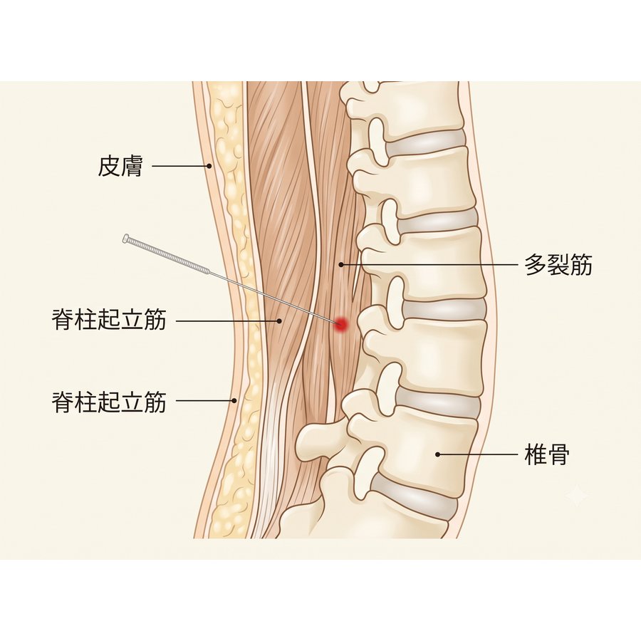 腰部の断面図：鍼が表層筋を通過して多裂筋のトリガーポイントまで到達する様子
