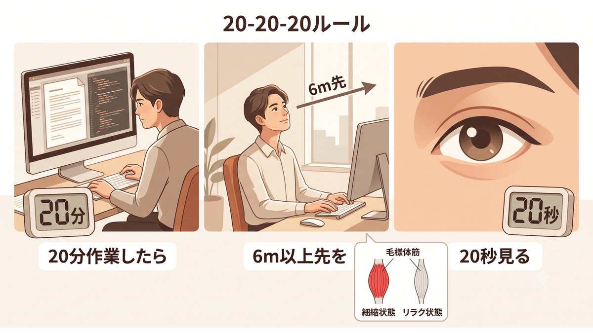20-20-20ルール：20分作業→6m以上先を→20秒見る。遠方視で毛様体筋が弛緩する