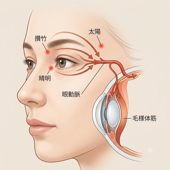 眼周囲のツボ（睛明・攢竹・太陽）への鍼刺激から眼動脈を通じて毛様体筋の血流が回復する図