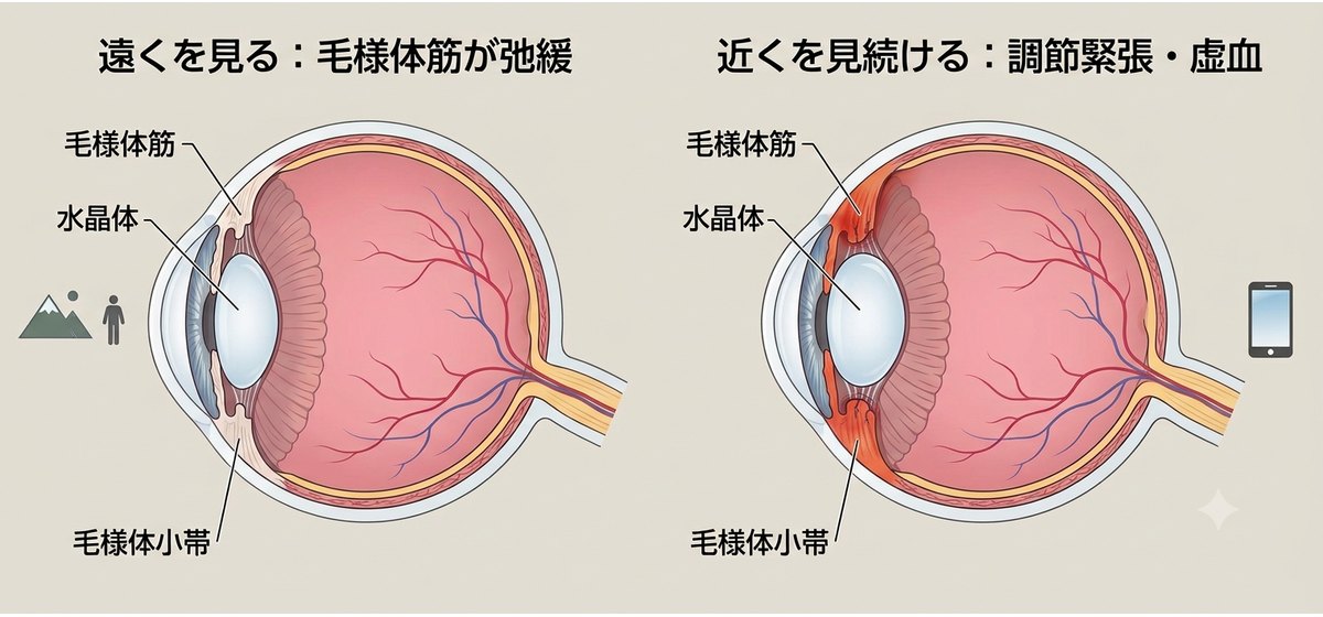 左：遠くを見て毛様体筋が弛緩している状態。右：近くを見続けて調節緊張・虚血が起きている状態