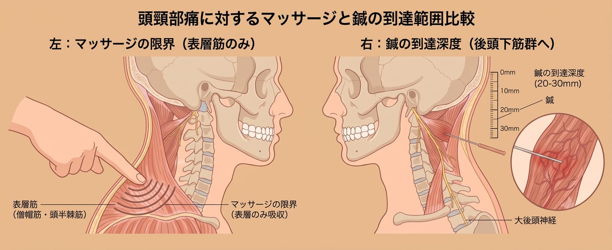 マッサージと鍼の到達深度の比較図