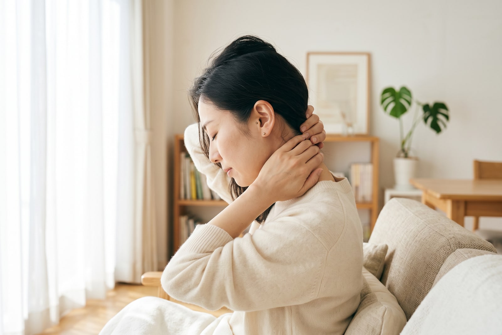 頭痛で後頭部を押さえる女性